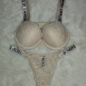 NEW SEXY Satin & Lace Rhinestone Strap Push-Up Bra